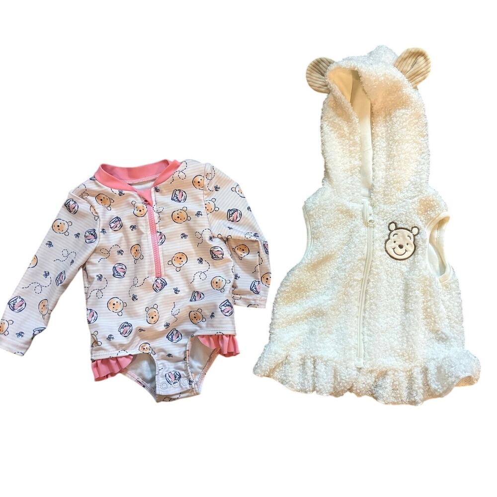 Disney Baby Winnie The Pooh 6-9M Swim Set Rash Guard + Cover Up EUC